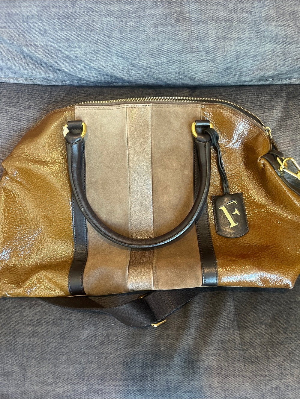 EUC Furla Patent Leather Suede Boston Bag.